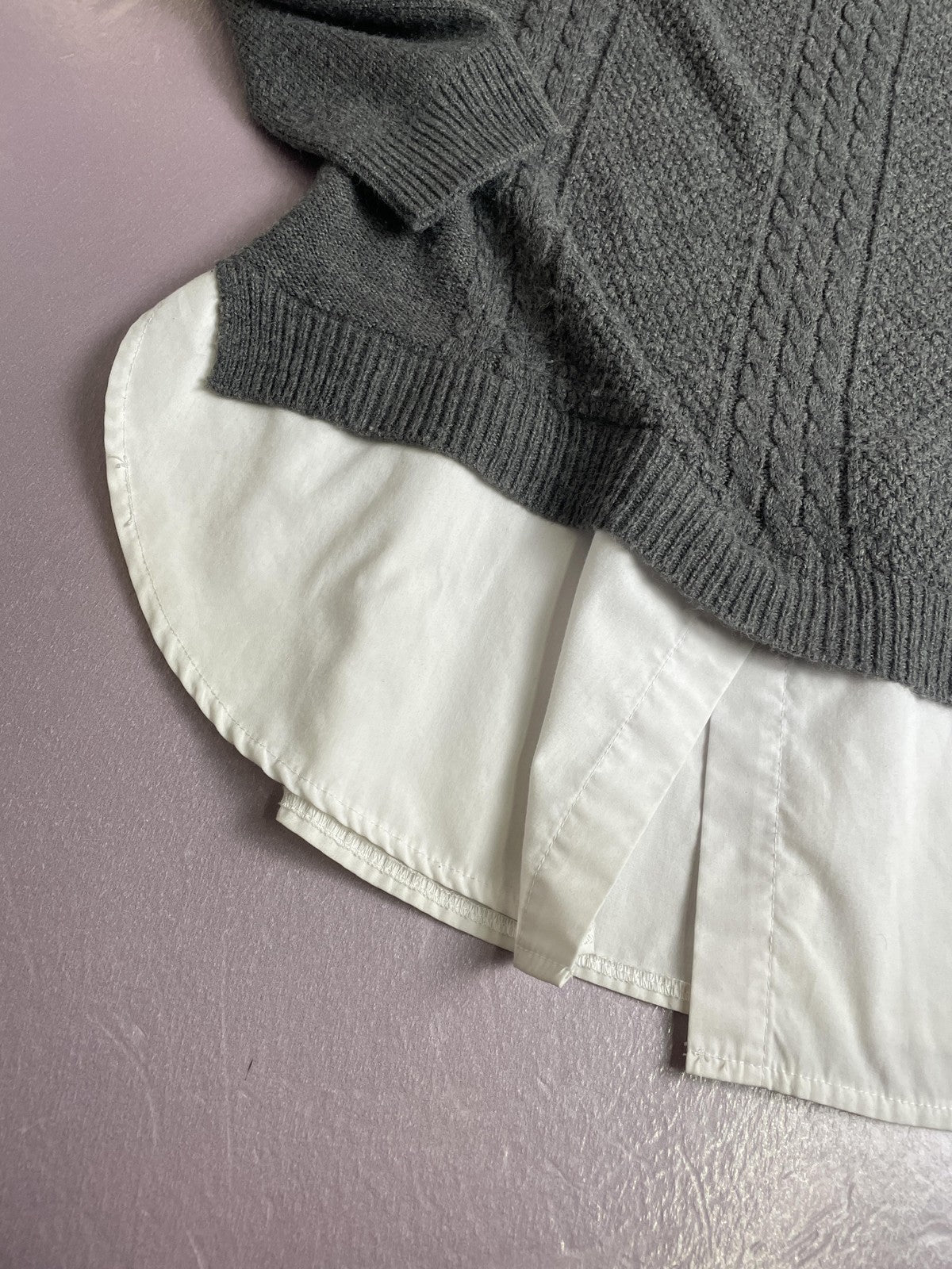 Faded Glory Sweater Womens Medium Gray White Layered Shirt Cable Knit Preppy