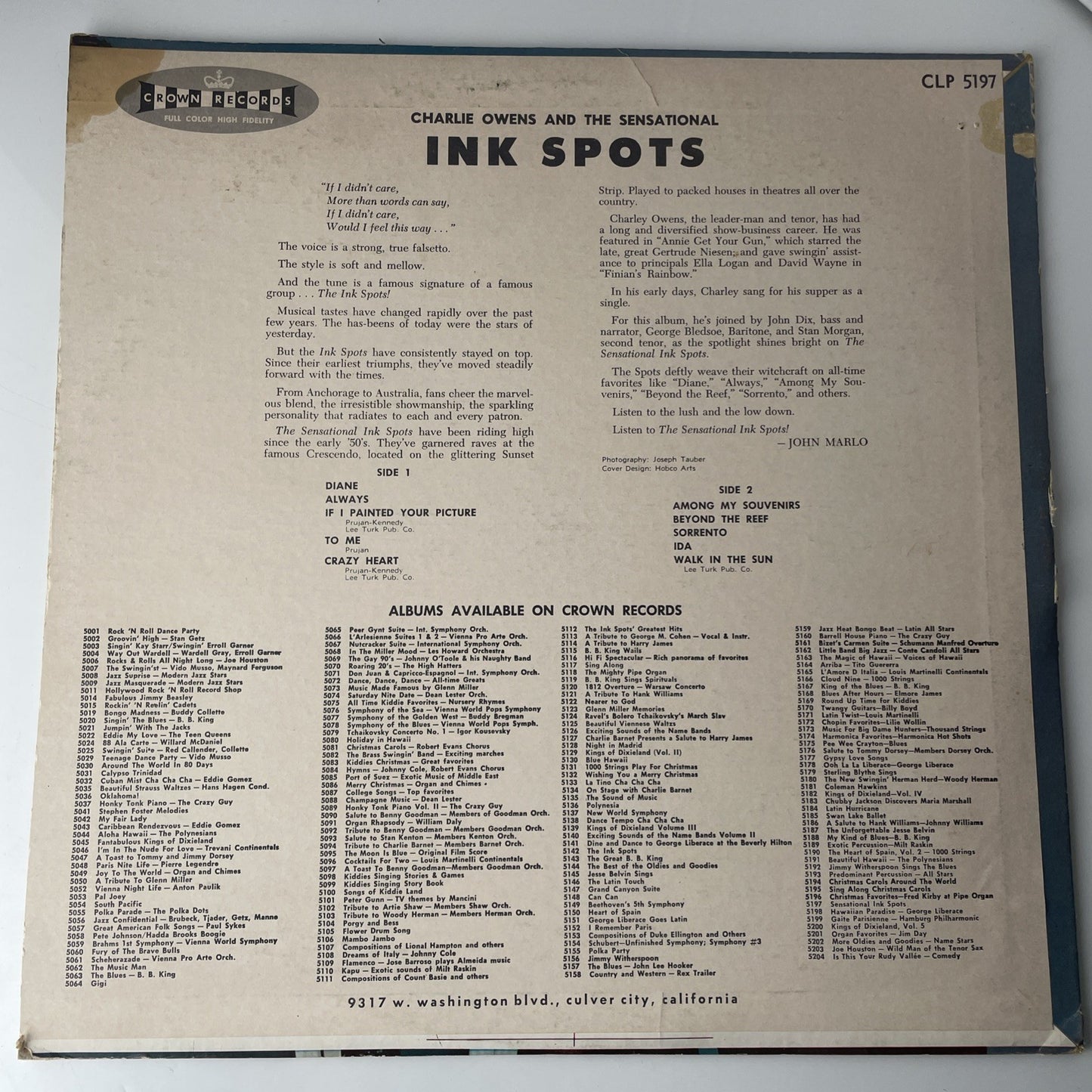 Charlie Owens ‎– Sensational Ink Spots 1961 LP Vinyl Record Album CLP 5197*