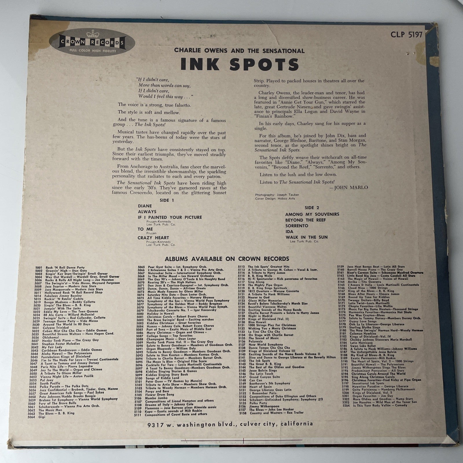 Charlie Owens ‎– Sensational Ink Spots 1961 LP Vinyl Record Album CLP 5197*