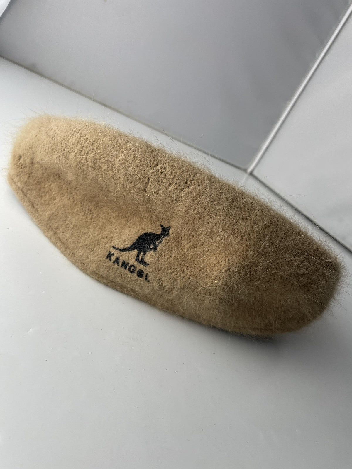 Kangol Hat Beret Fitted Tan Angora Blend Fuzzy David Young Womens Kangaroo Logo