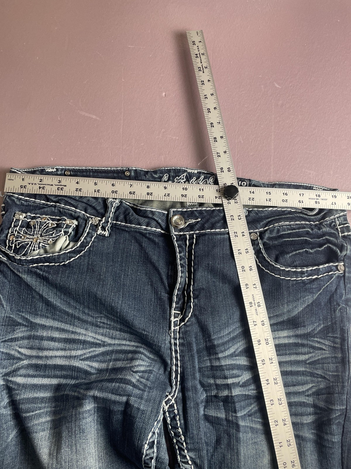 LA Idol Jeans Juniors 19 Blue High Rise Bootcut Embroidered Rhinestone Denim