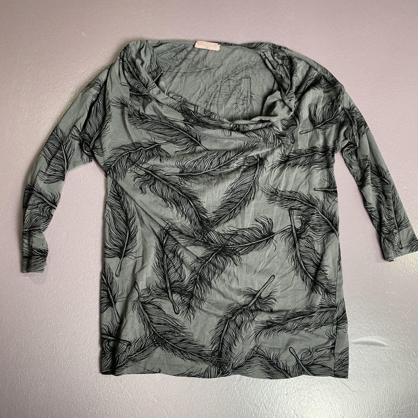 Juicy Couture Shirt Womens Small Feather Print Cowl Neck Long Sleeve Top Blouse