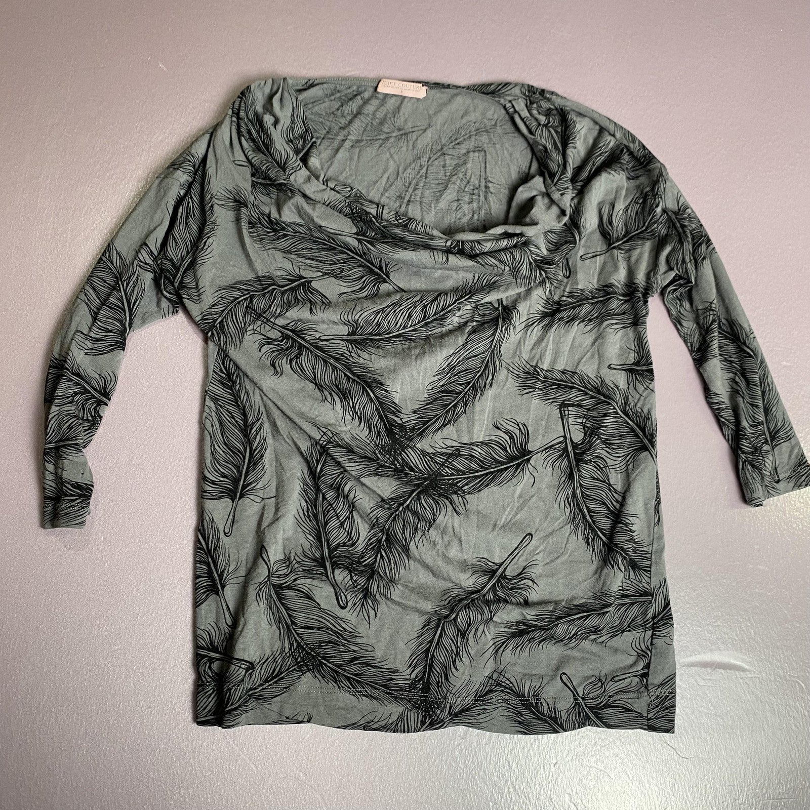 Juicy Couture Shirt Womens Small Feather Print Cowl Neck Long Sleeve Top Blouse