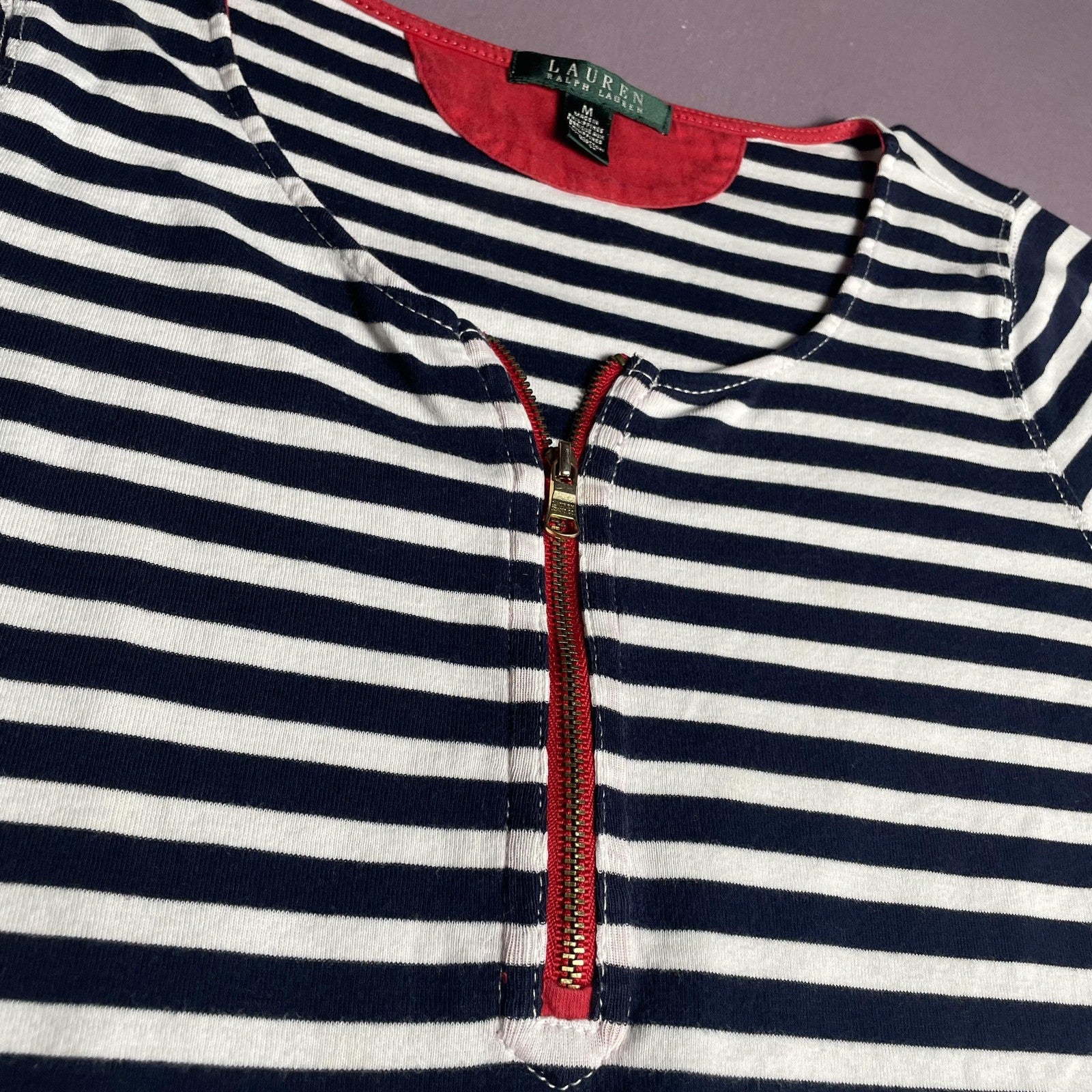 Lauren Ralph Lauren Shirt Womens Medium Navy White Striped Red Zip Nautical Top