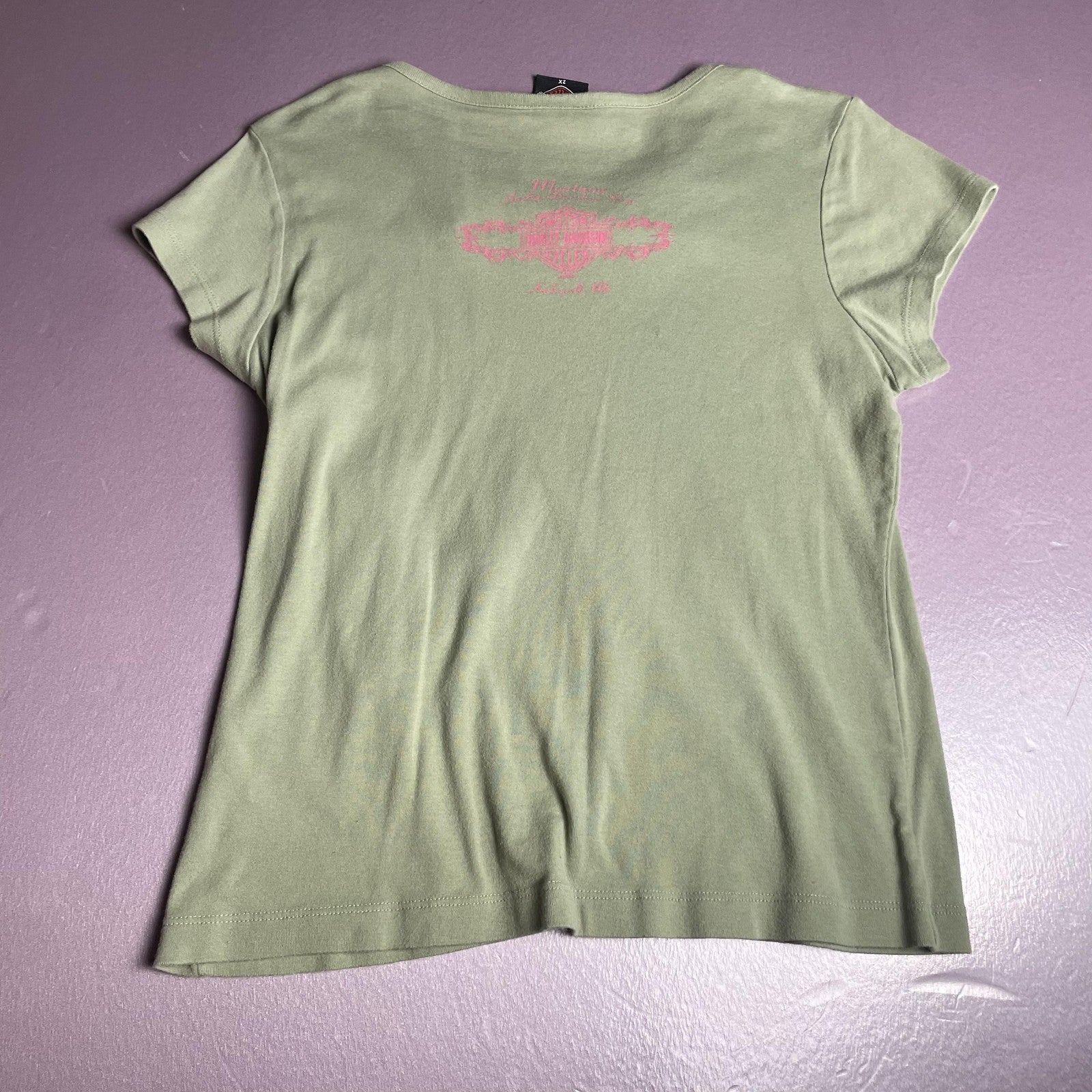 Harley-Davidson Shirt Womens 2X Green Pink Camo Spell Out Montana Kalispell