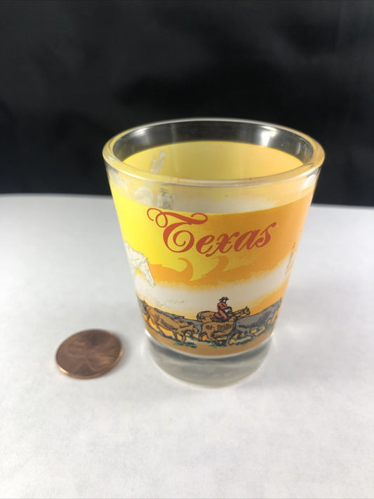 Texas  Souvenir Shot Glass White Yellow Cowboys Mustangs COMBINE SHIPPING Cattle