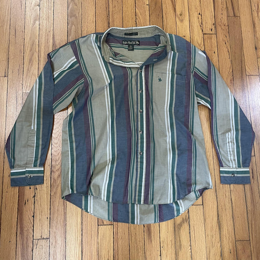 Knights of Round Table Shirt Mens XL Green Purple Striped Button Up Long Sleeve