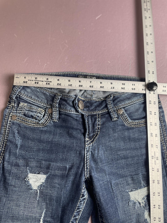 Silver Jeans Co Jeans Womens W27 L31 Blue Tuesday Skinny Distressed Embroidered