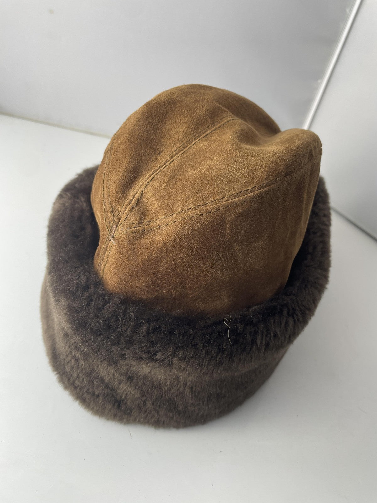 Suede Hat Cossack Fitted Mens Large Brown Faux Fur Made in USA Quilted Lining