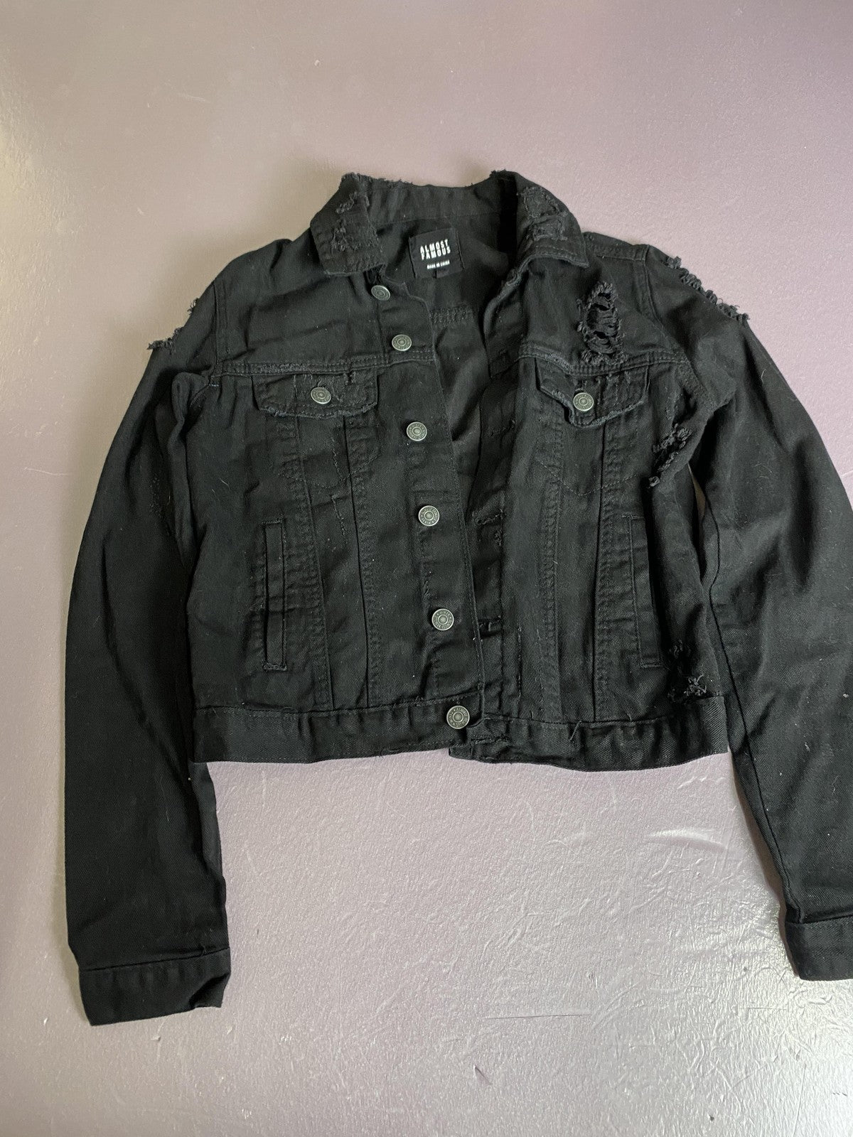Almost Famous Denim Jacket Juniors Small Black Distressed Cropped Punk Grunge
