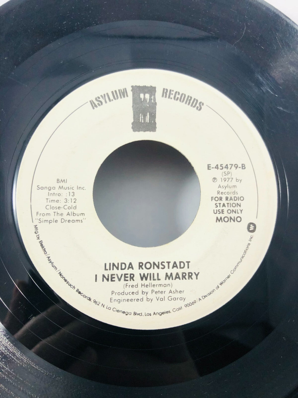 LINDA RONSTADT 7" 45 RPM "I Never Will Marry" Promo Copy G+ condition DJ vintag