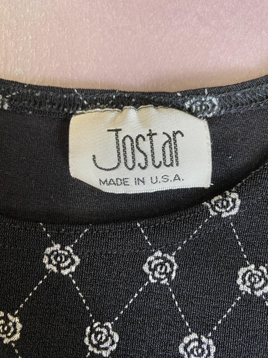 Jostar Shirt Womens Medium Black Rose Floral Tunic Top Short Sleeve Made USA