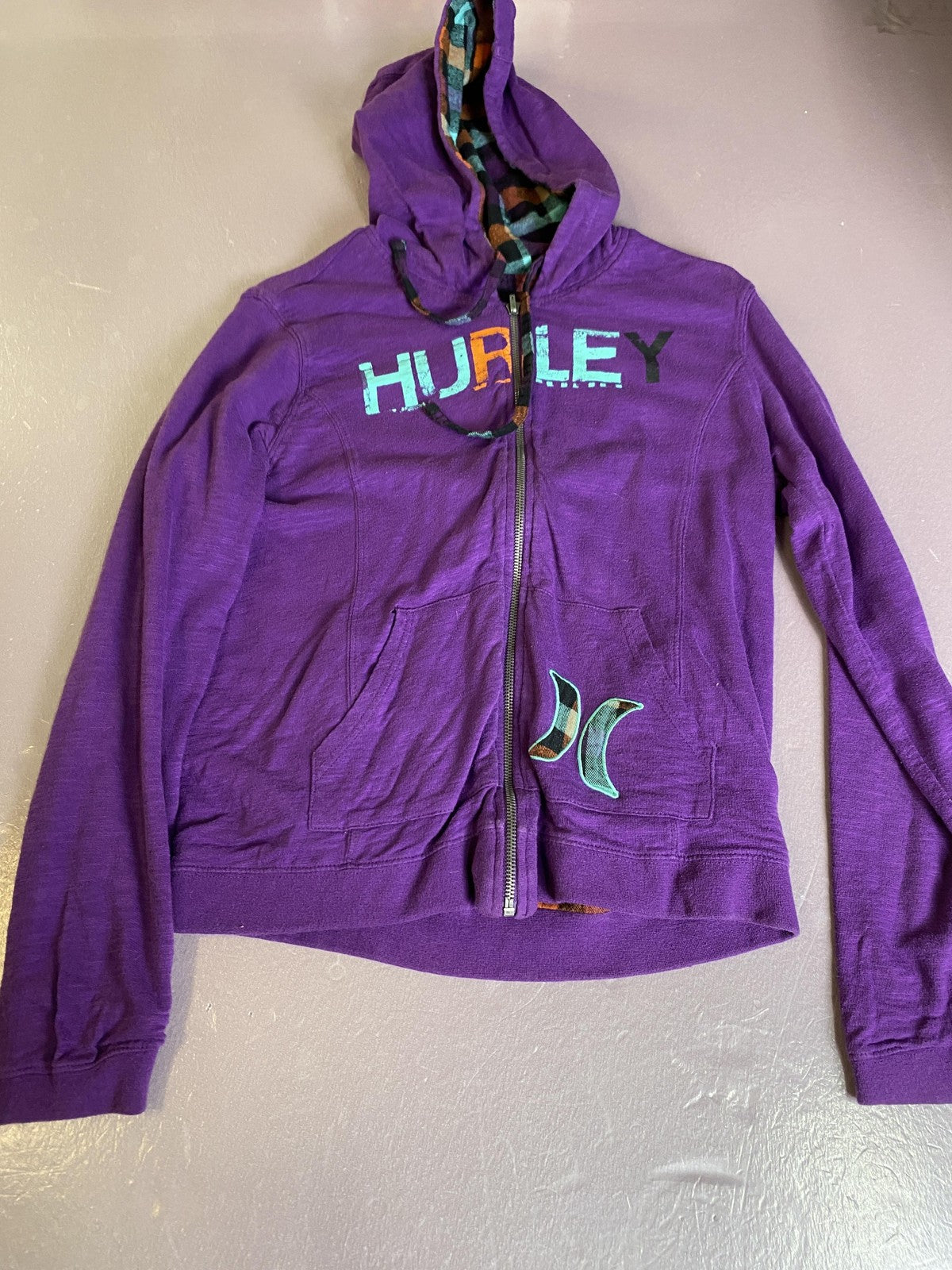 Hurley Hoodie Sweatshirt Womens Medium Purple Full Zip Graphic Logo Plaid Lined