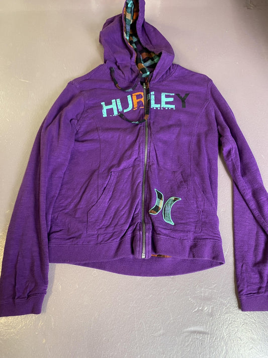 Hurley Hoodie Sweatshirt Womens Medium Purple Full Zip Graphic Logo Plaid Lined