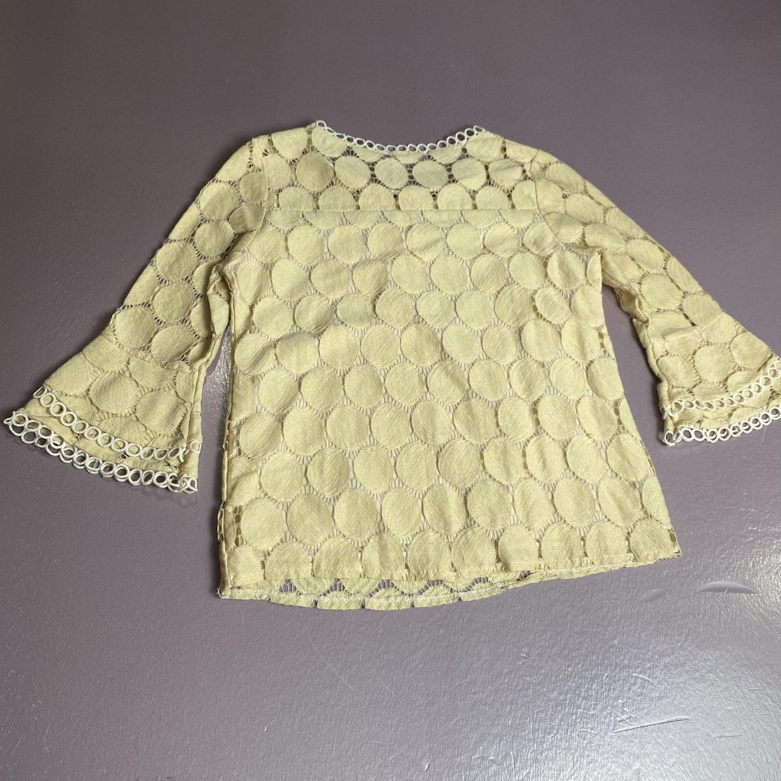 Yellow Lace Blouse Womens Large Sheer Bell Sleeve Crochet Trim Circle Pattern