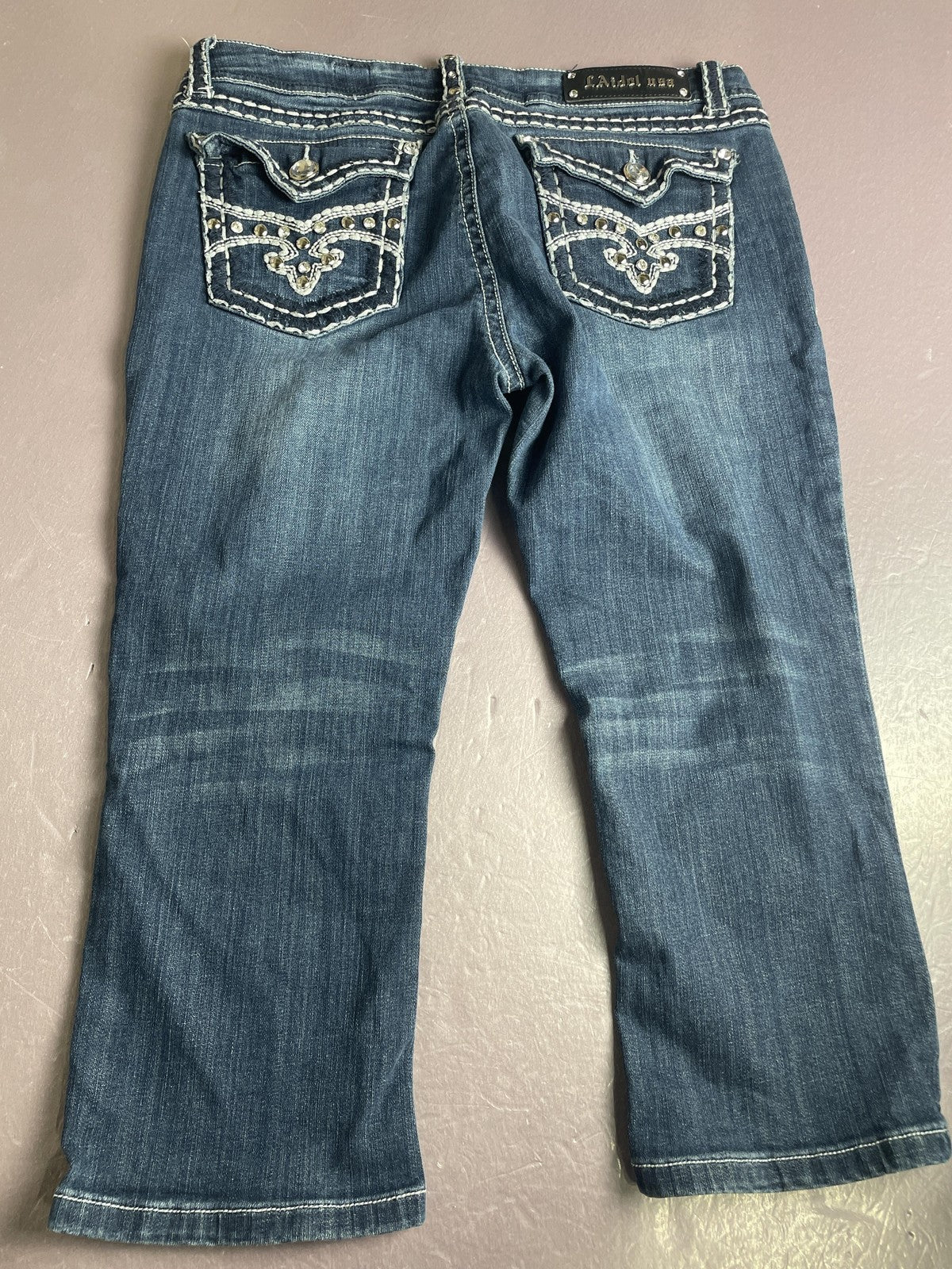 L.A. Idol USA Capri Jeans Juniors 15 Blue Medium Wash Rhinestone Studded Denim
