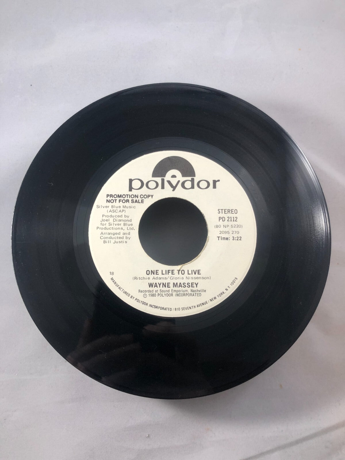 45 RPM Record   WAYNE MASSEY  One Life To Live    Stereo  PROMO Un Played