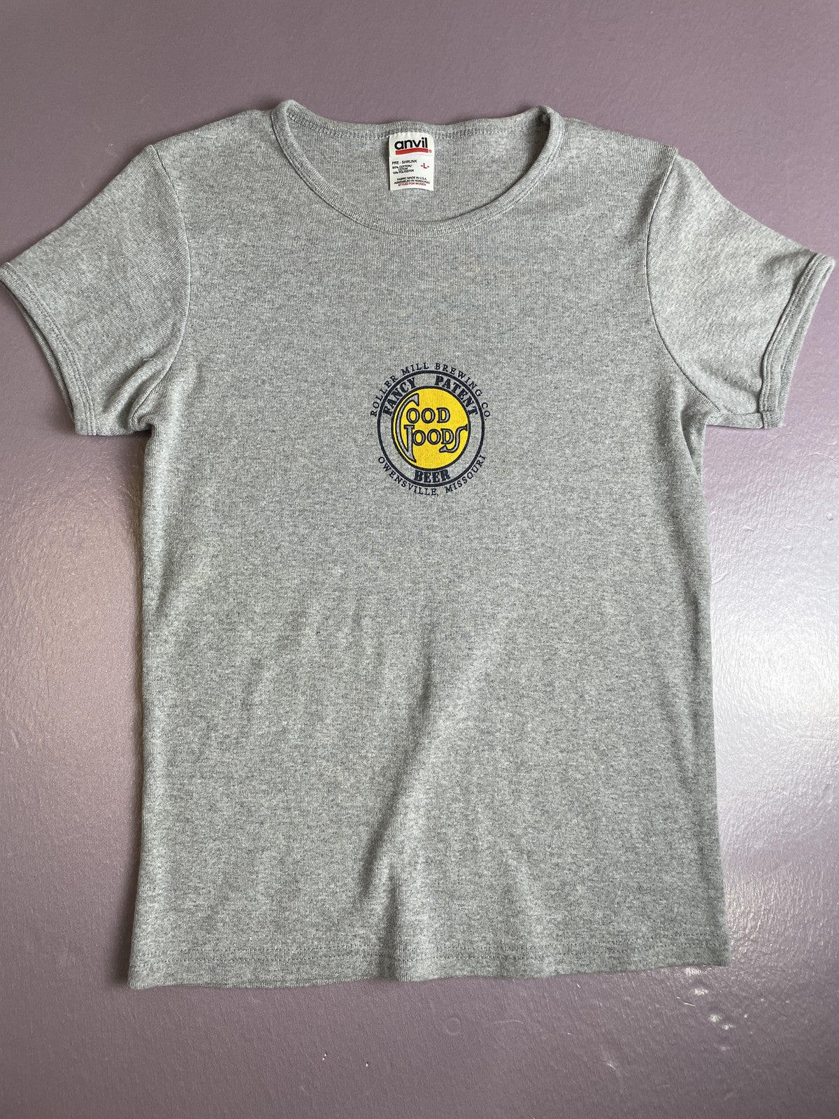 Good Goods Beer Roller Mill Brewing Shirt Womens Large Gray Owensville MO