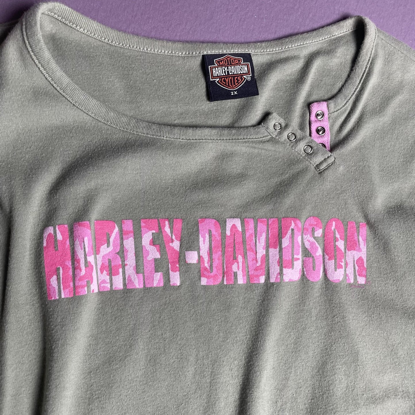 Harley-Davidson Shirt Womens 2X Green Pink Camo Spell Out Montana Kalispell