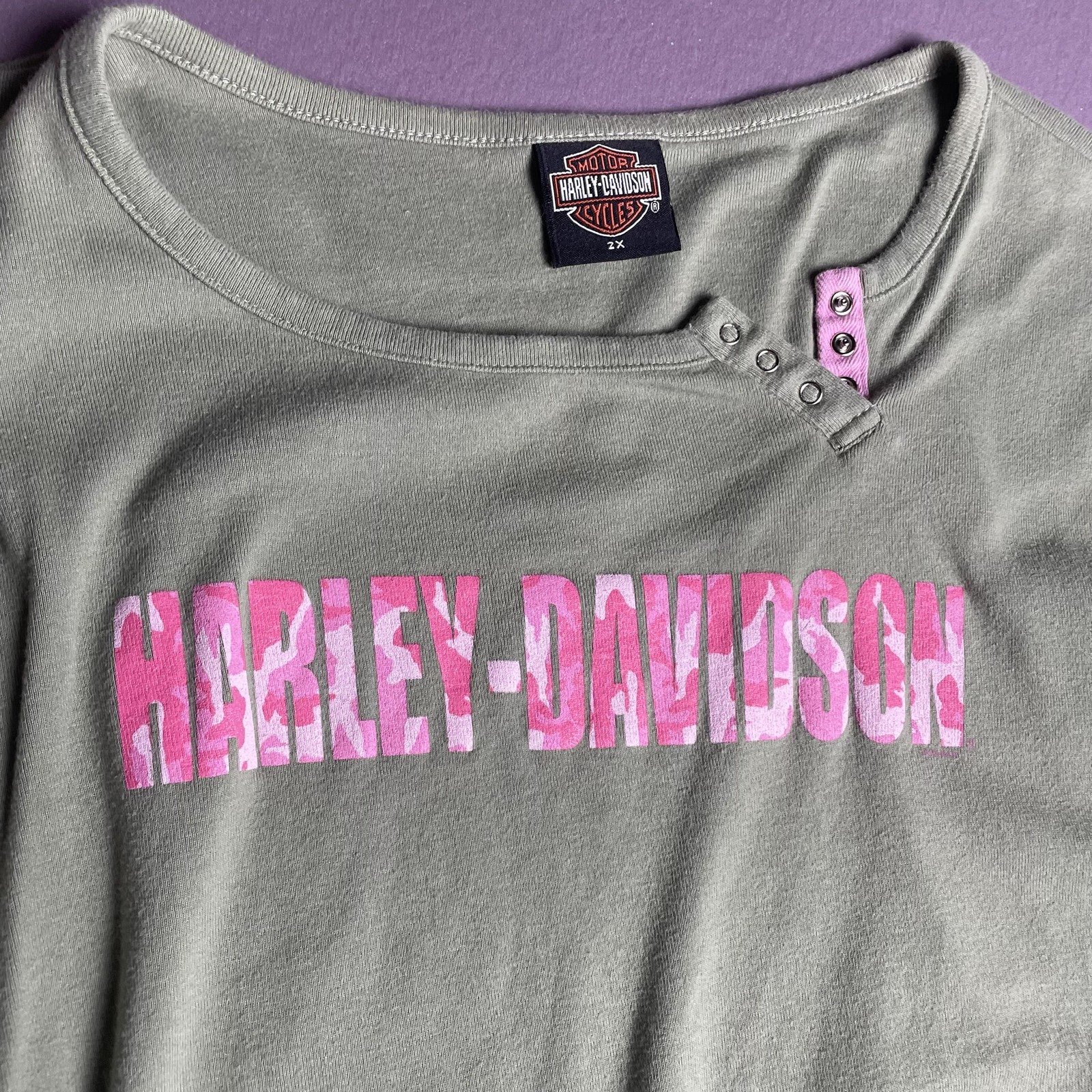 Harley-Davidson Shirt Womens 2X Green Pink Camo Spell Out Montana Kalispell