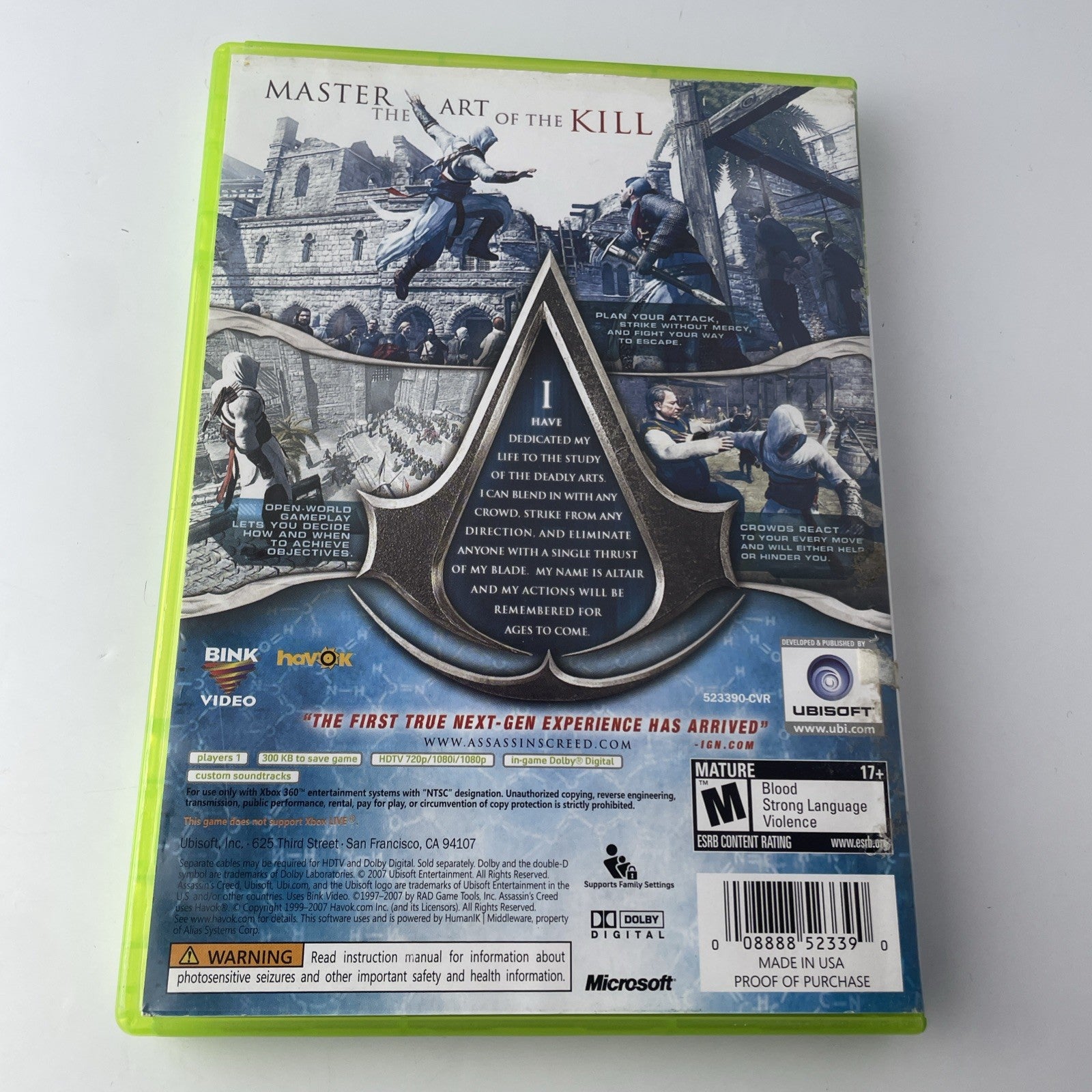 Assassin's Creed (Microsoft Xbox 360, 2007) Very Good Disc Cib