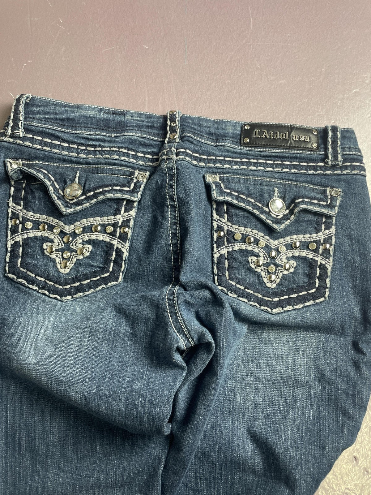 L.A. Idol USA Capri Jeans Juniors 15 Blue Medium Wash Rhinestone Studded Denim