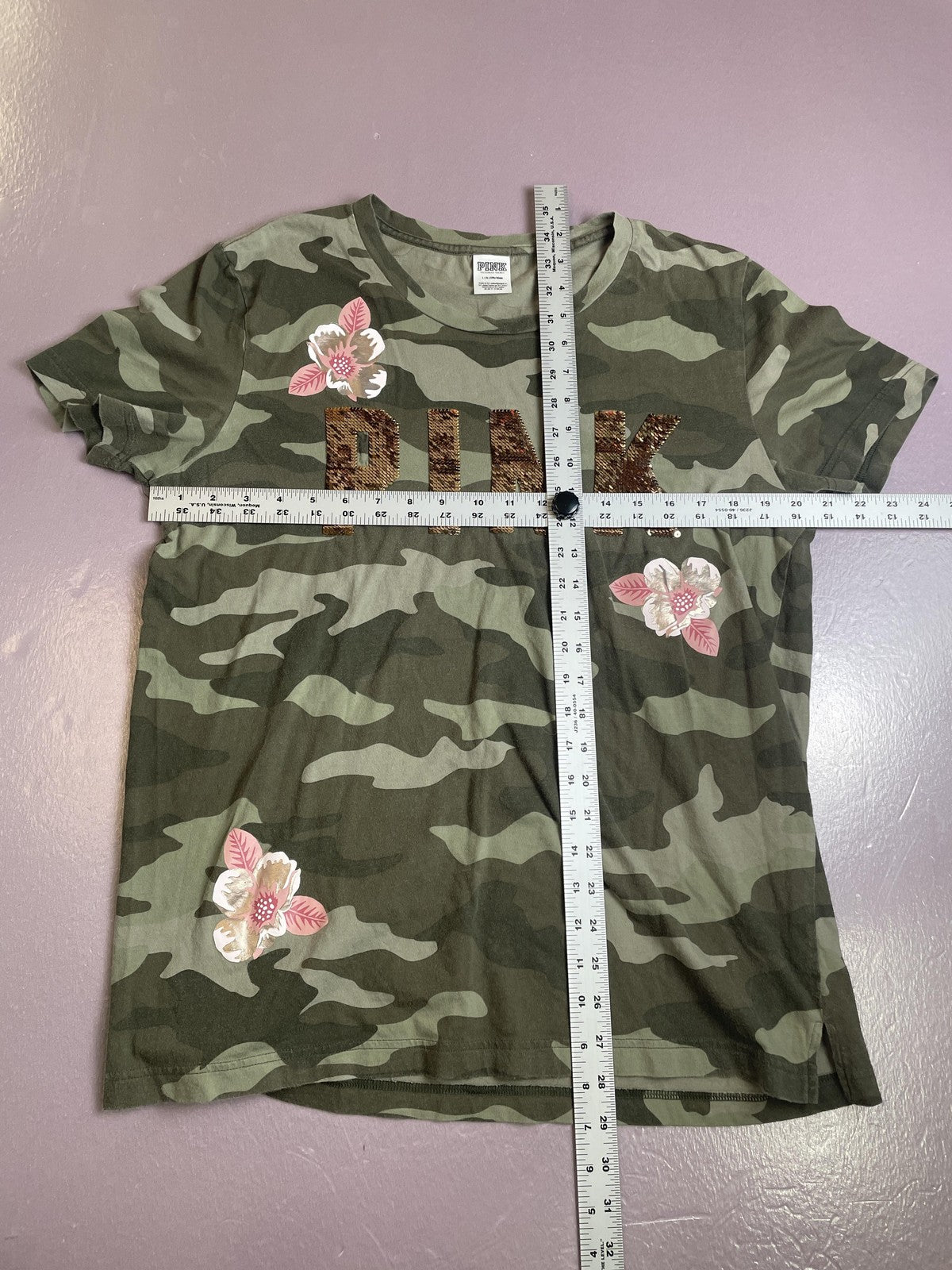 PINK Victoria's Secret Shirt Womens Large Green Camo Sequin Logo BLING Tee