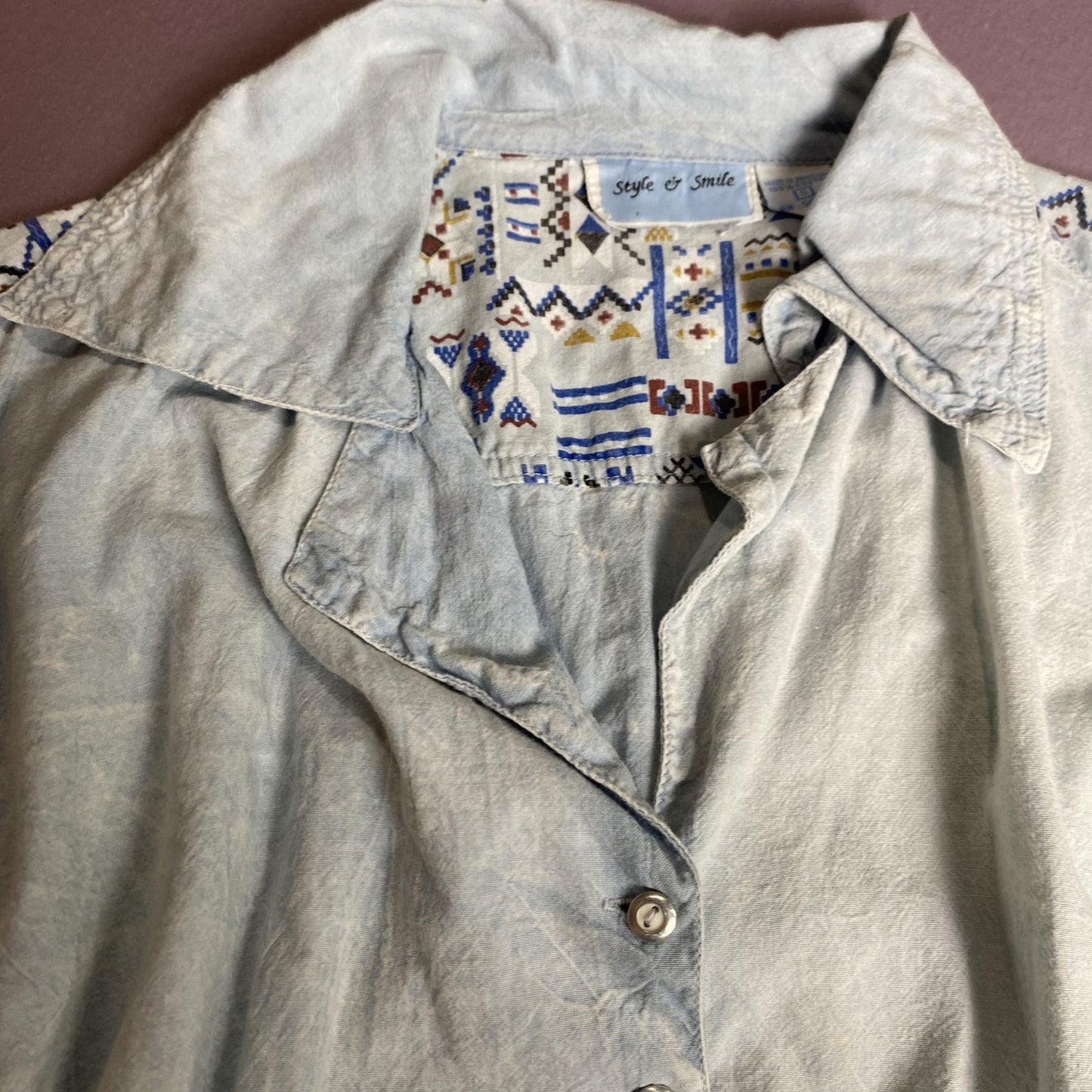 Style & Smile Shirt Womens Small Blue Short Sleeve Tie Front Southwestern Top