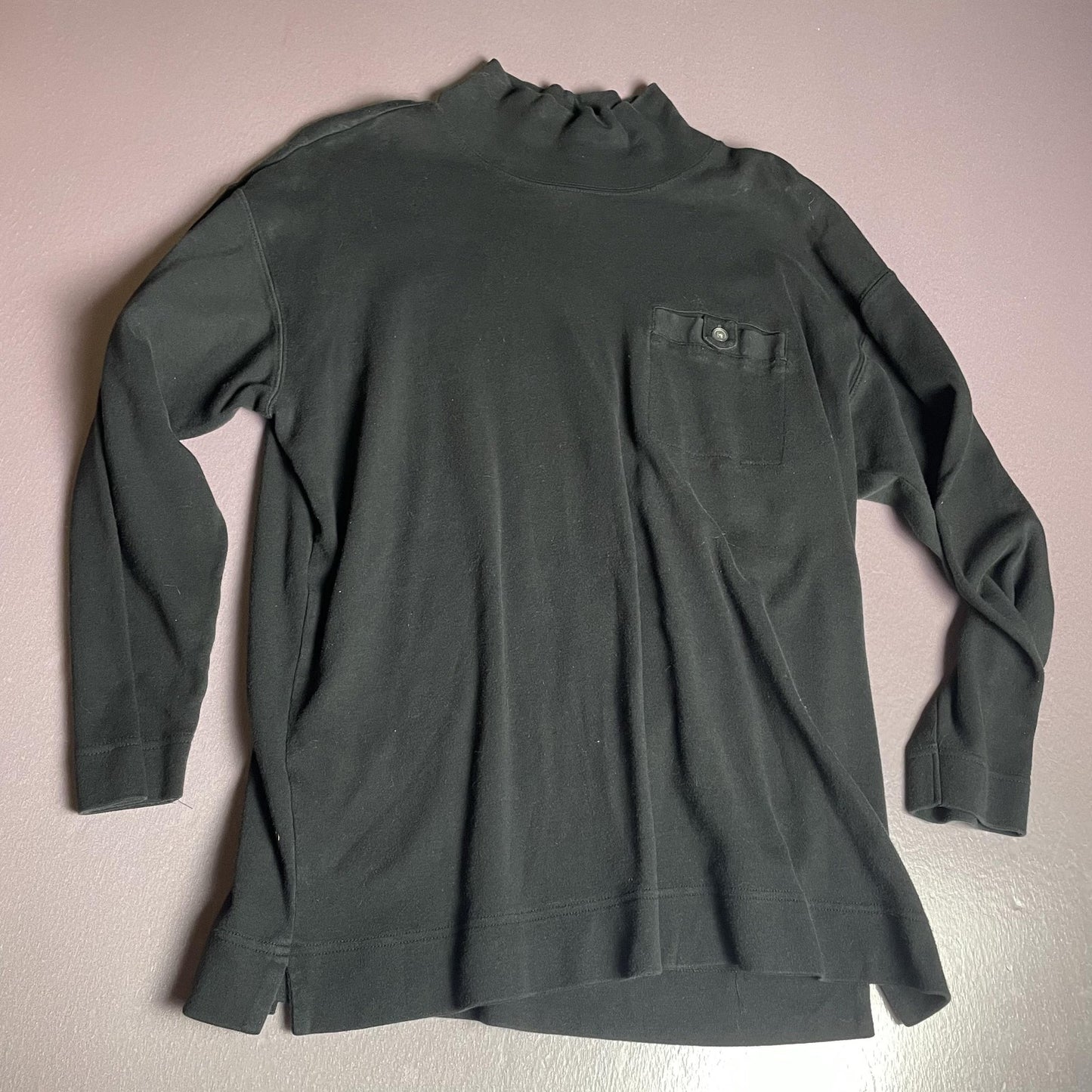 Talbots Shirt Womens Large Black Mock Neck Button Pocket Long Sleeve Tunic Knit