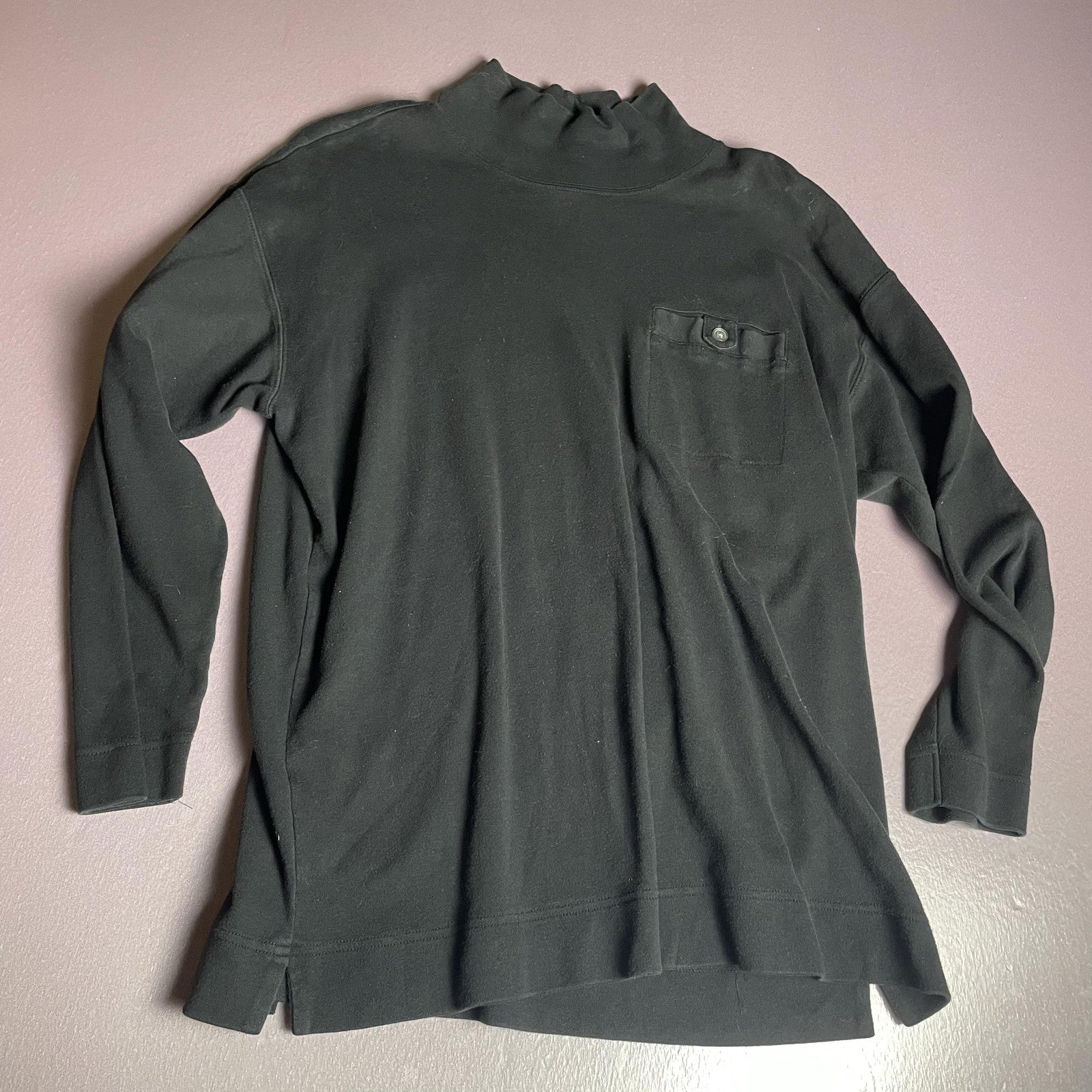 Talbots Shirt Womens Large Black Mock Neck Button Pocket Long Sleeve Tunic Knit