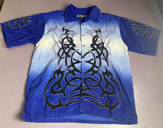 Steve & Barry's Club Shirt Mens 2XL Blue Tribal Flame Button Up Short Sleeve