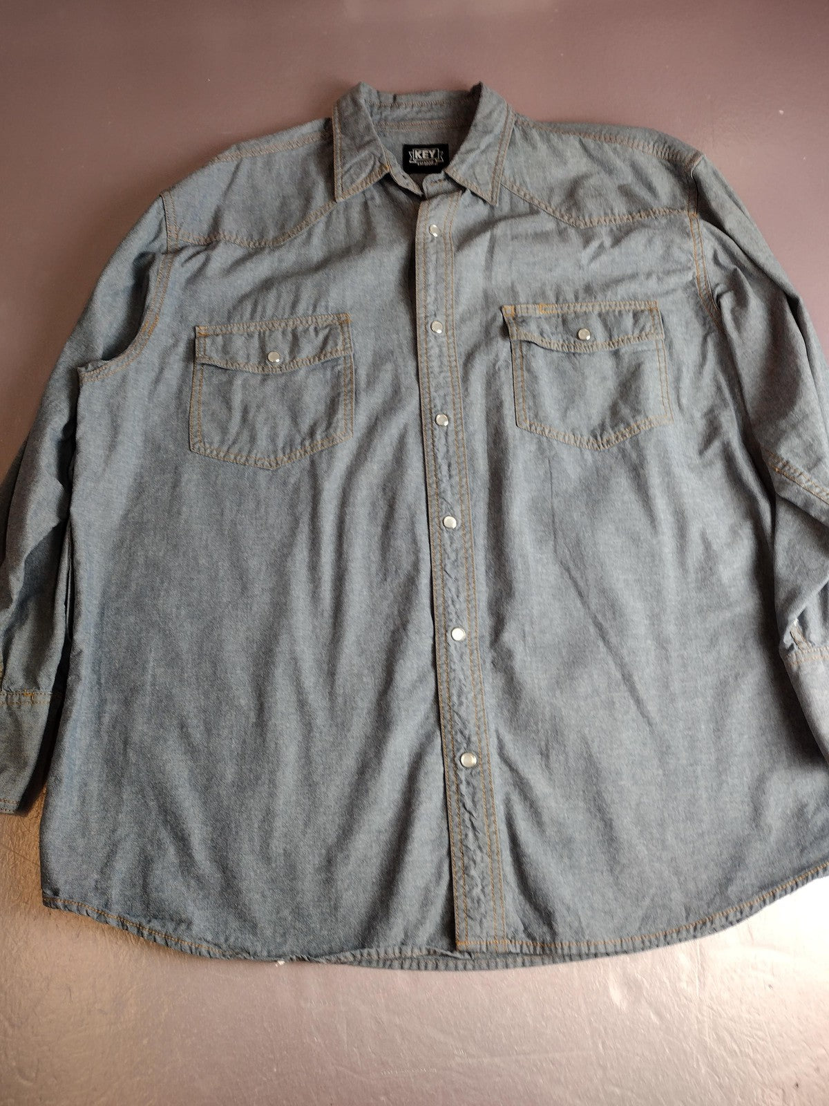 Key Shirt Mens XL Blue Chambray Western Snap Front Long Sleeve Workwear Cotton