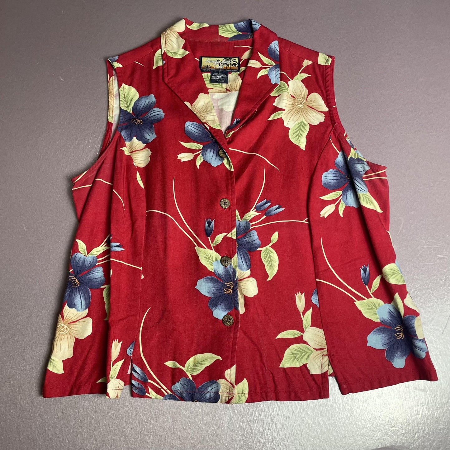 Havana Jacks Cafe Shirt Womens Large Red Sleeveless Floral Rayon Button Up Top