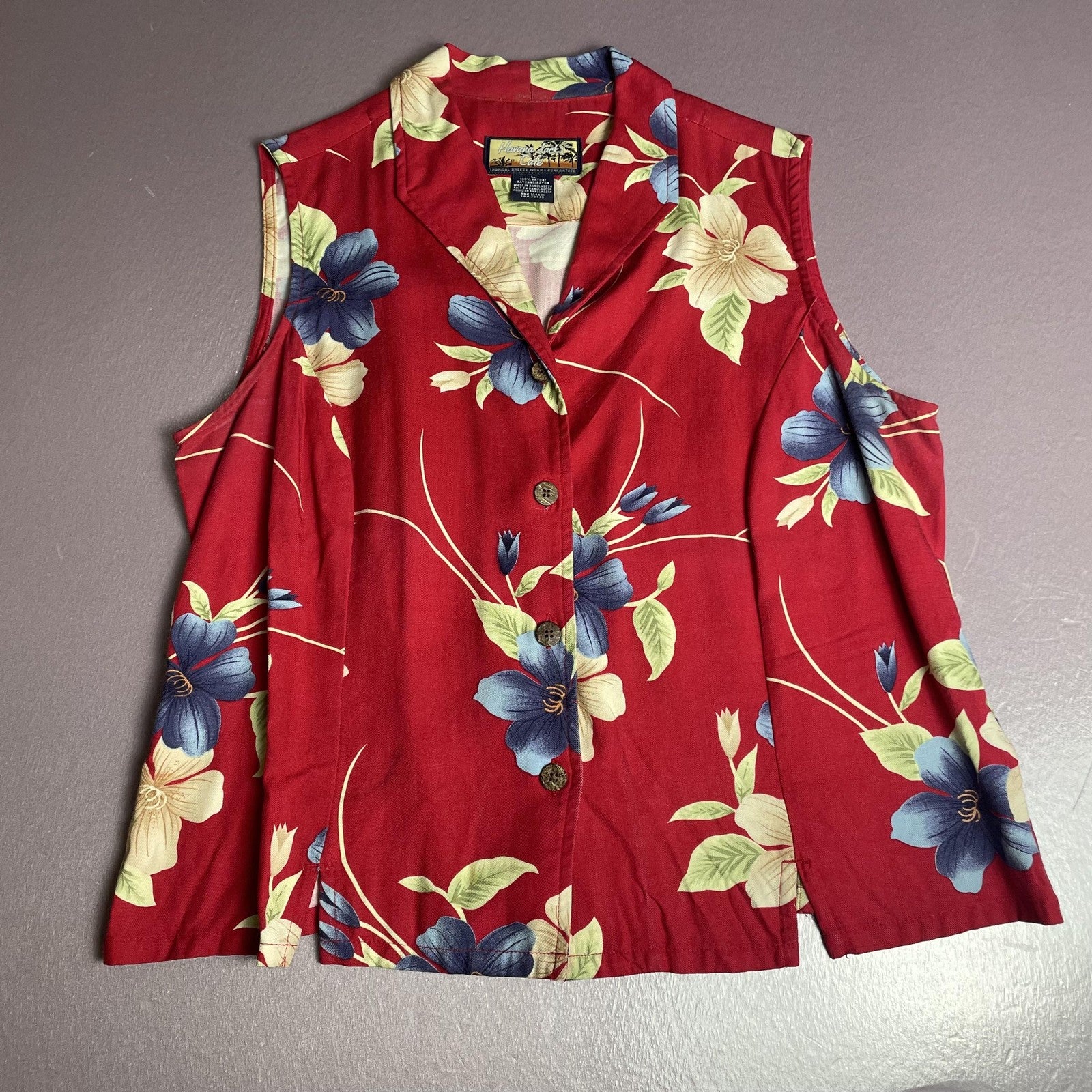 Havana Jacks Cafe Shirt Womens Large Red Sleeveless Floral Rayon Button Up Top