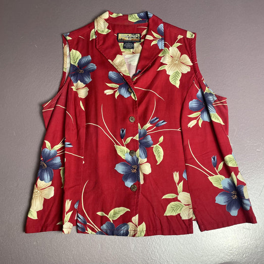 Havana Jacks Cafe Shirt Womens Large Red Sleeveless Floral Rayon Button Up Top