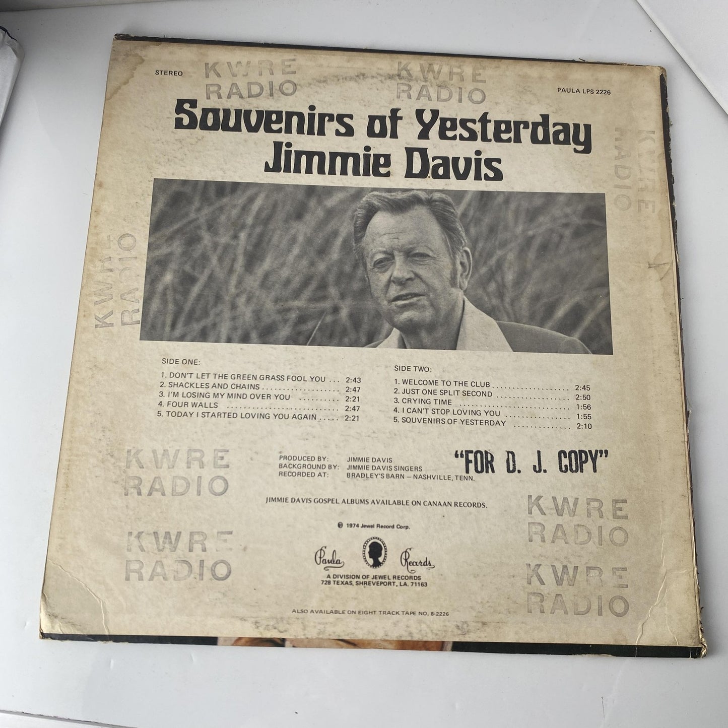 Vintage Jimmie Davis Souvenirs Of Yesterday 12" Vinyl LP 1974 Paula Country