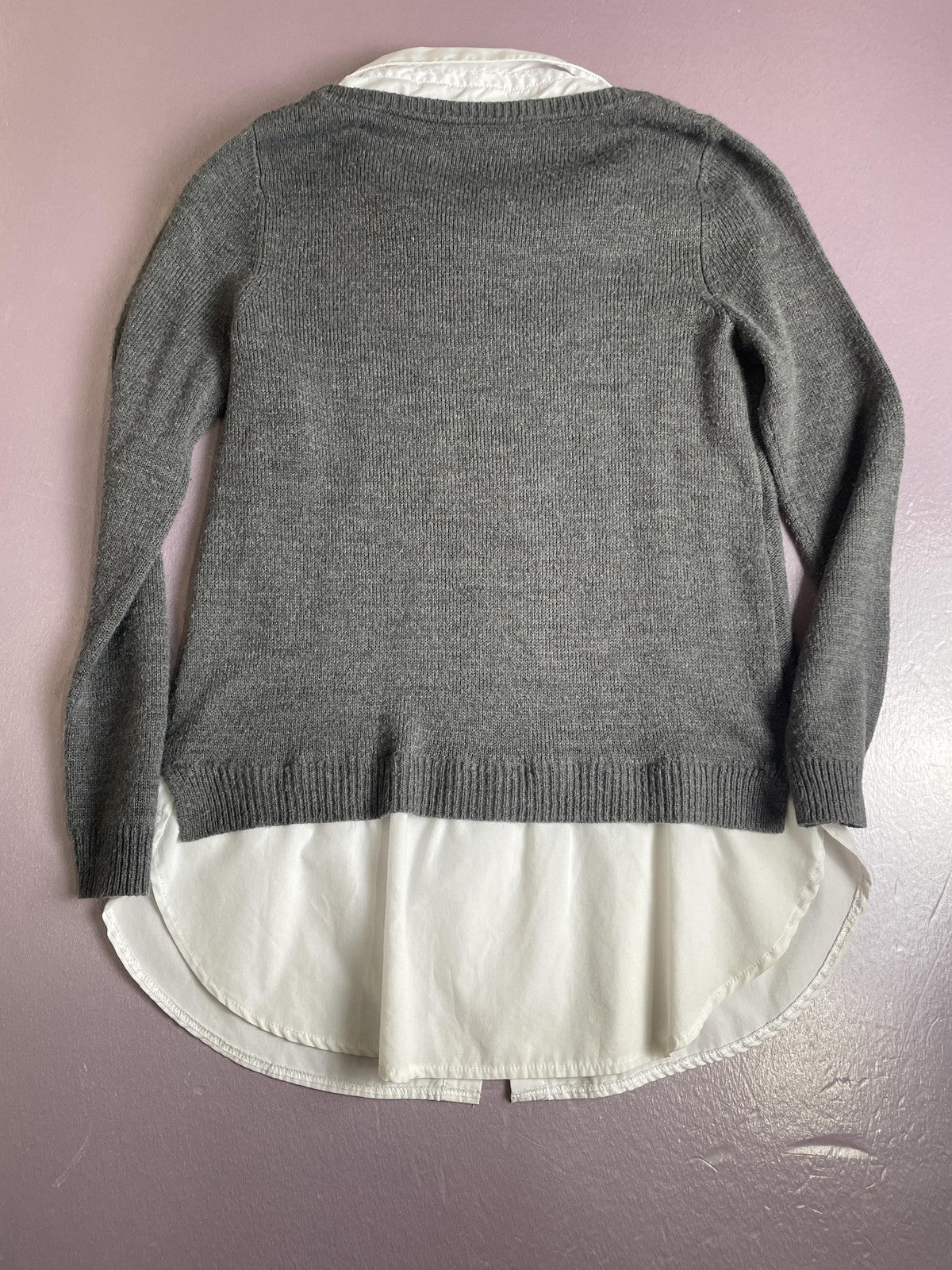 Faded Glory Sweater Womens Medium Gray White Layered Shirt Cable Knit Preppy