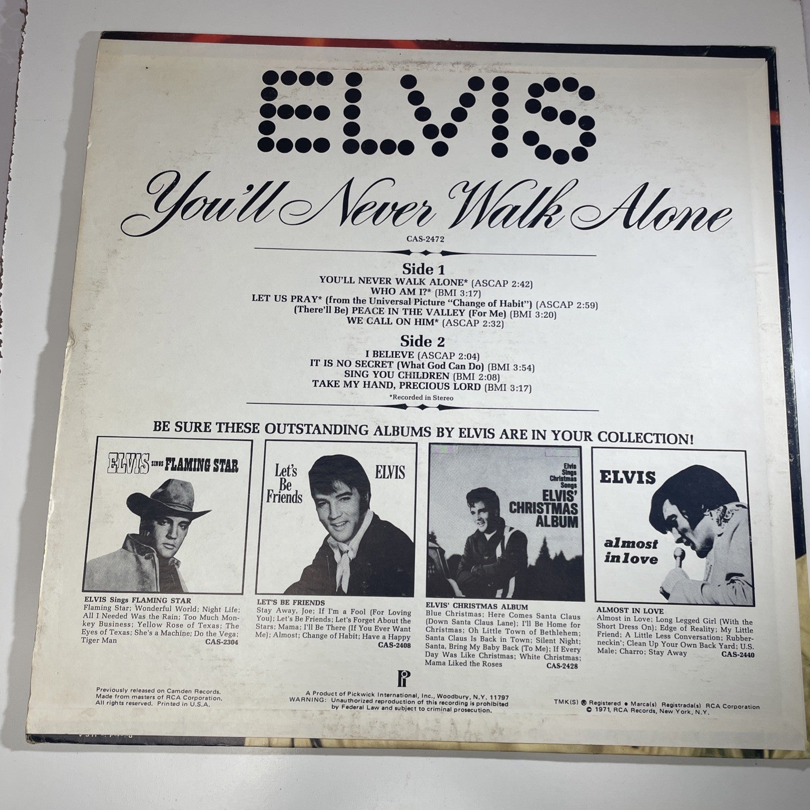 Elvis, You'll never walk alone 1971 vinyl LP Pickwick Camden CAS2472