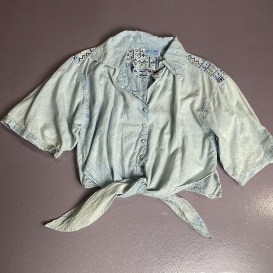 Style & Smile Shirt Womens Small Blue Short Sleeve Tie Front Southwestern Top