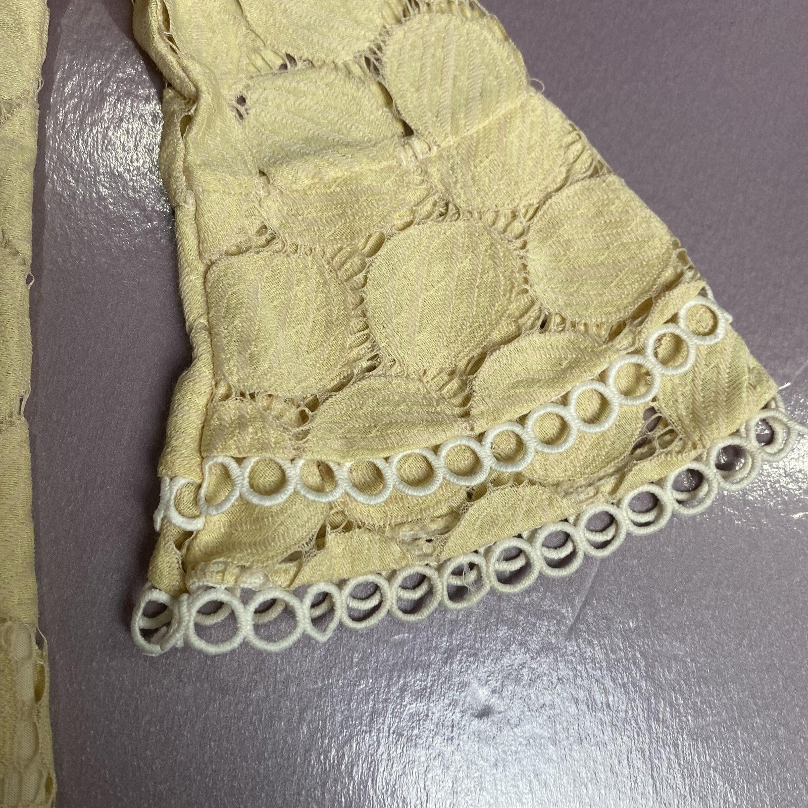 Yellow Lace Blouse Womens Large Sheer Bell Sleeve Crochet Trim Circle Pattern