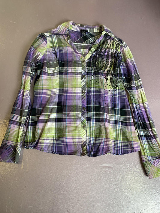 Daytrip Shirt Womens Medium Purple Plaid Sequin Button Front Long Sleeve