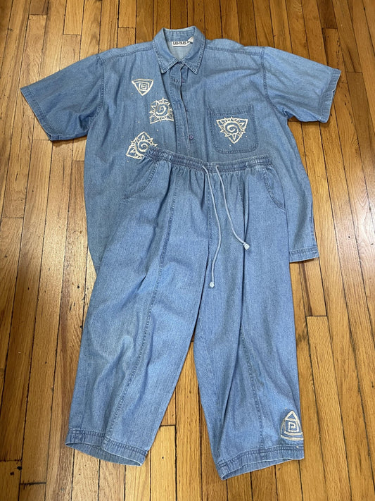 Las Olas Shirt Pants Set Womens 1X Blue Denim 2 Piece Cropped Aztec Sun Print