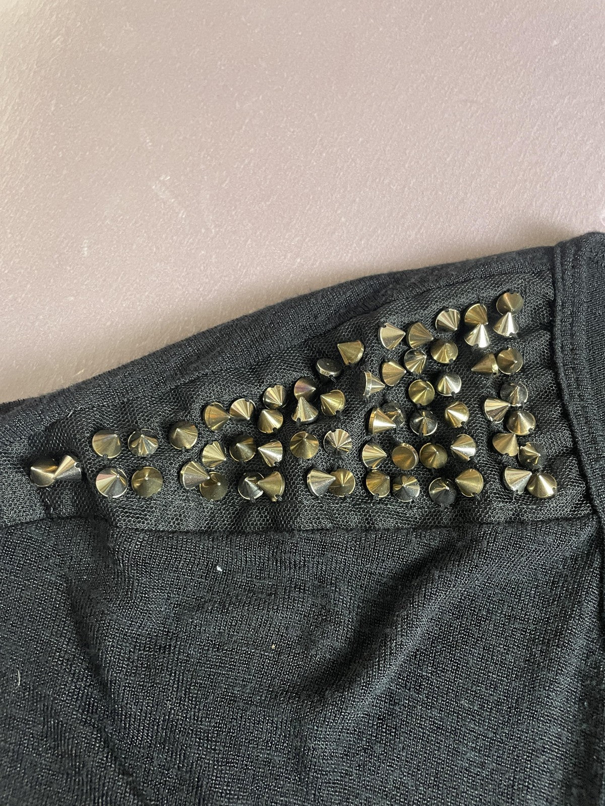 MM Couture Shirt Womens Medium Black Studded Shoulder Scoop Neck Top Cap Sleeve