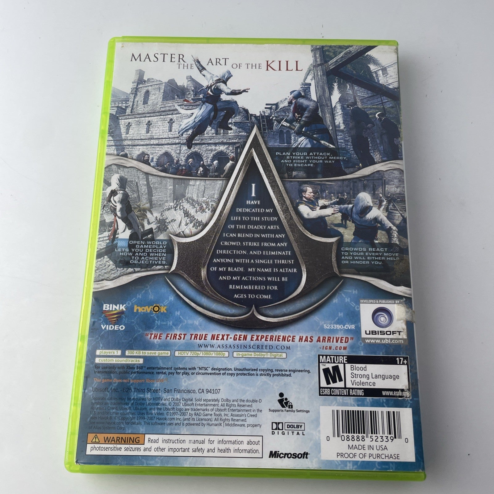 Assassin's Creed (Microsoft Xbox 360, 2007) Very Good Disc Cib