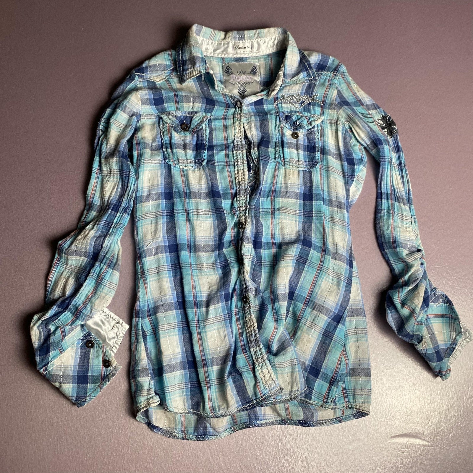 Roar Shirt Womens Small Blue Plaid Embroidered Western Snap Button Distressed