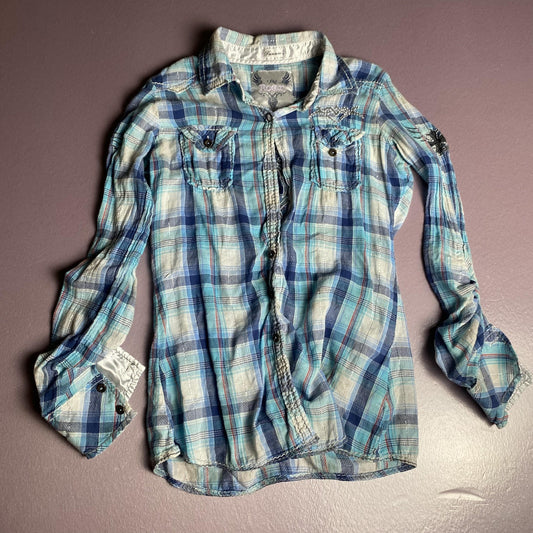 Roar Shirt Womens Small Blue Plaid Embroidered Western Snap Button Distressed