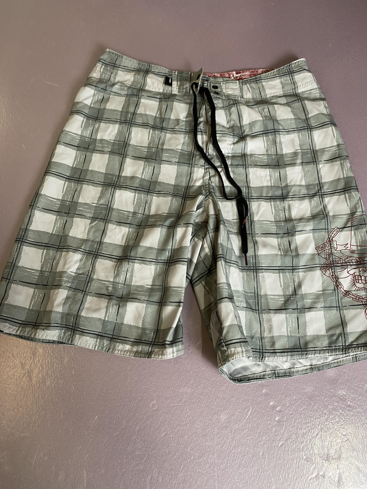 Tony Hawk Board Shorts Mens 30 Gray Plaid Skull Graphic Swim Trunks Skate Surf