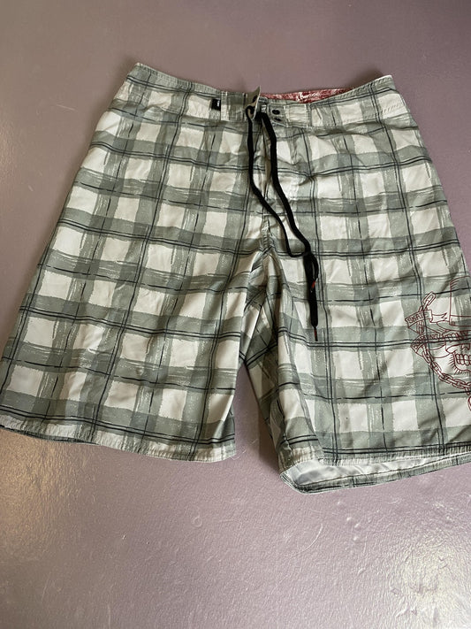 Tony Hawk Board Shorts Mens 30 Gray Plaid Skull Graphic Swim Trunks Skate Surf