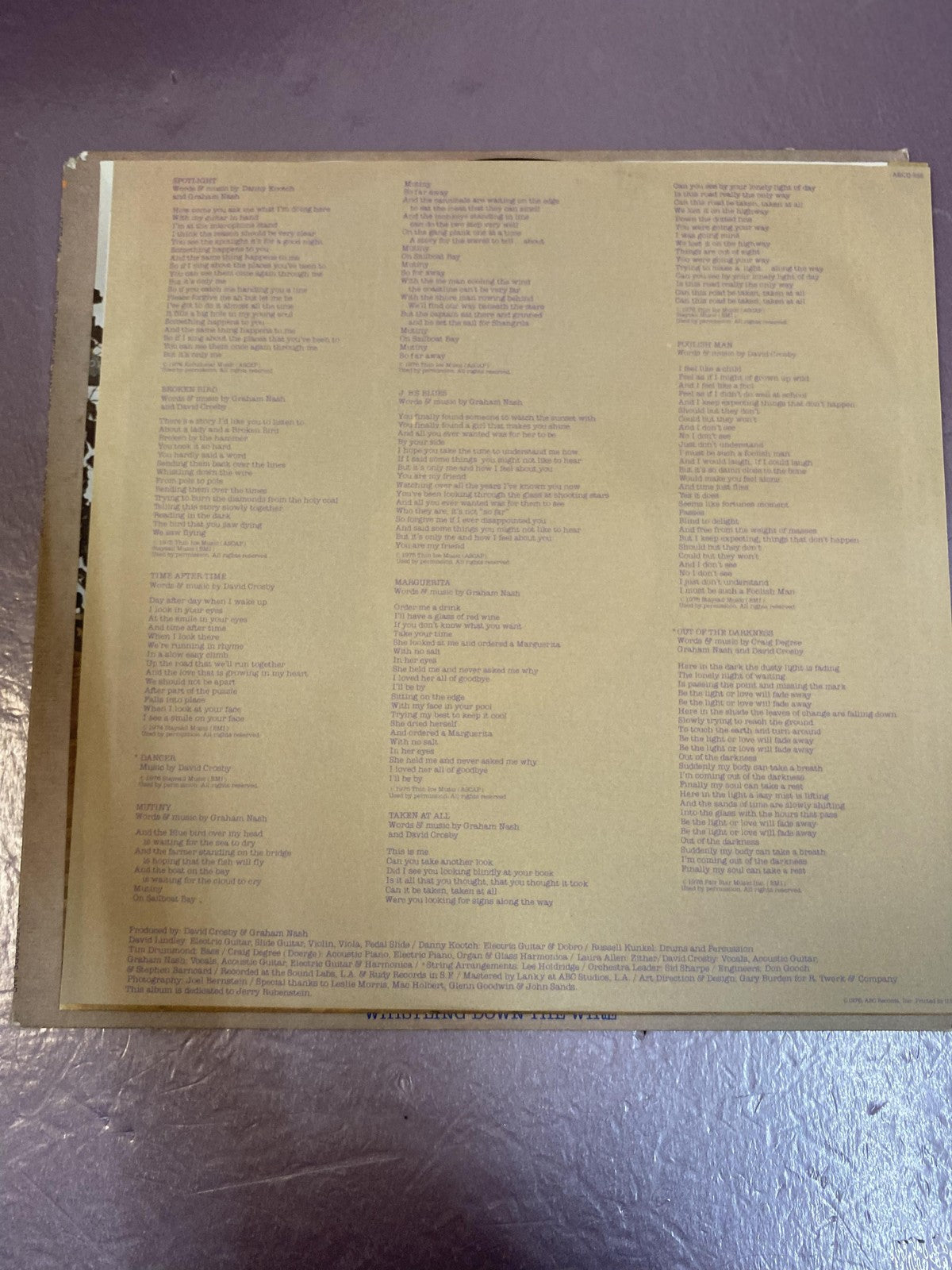 Vintage Crosby Nash Whistling Down The Wire 12" Vinyl LP 1976 ABC Rock