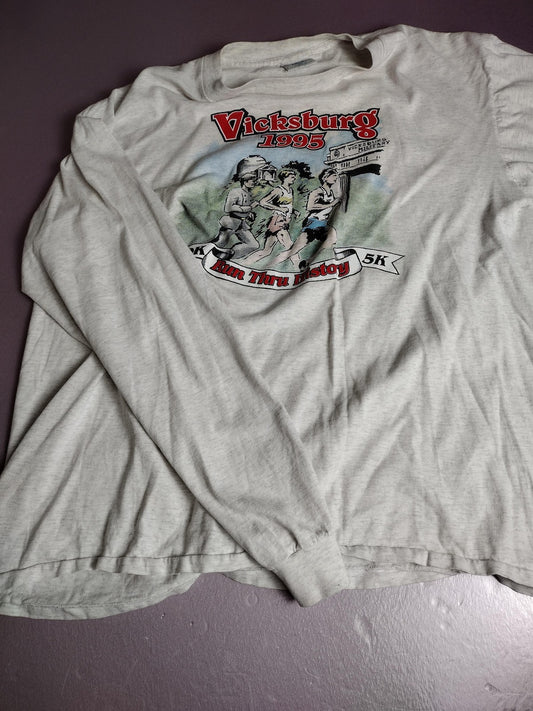 Vintage Vicksburg Run Thru History Shirt Mens XL Gray Long Sleeve 10K 5K 90s
